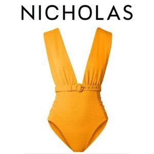 NICHOLAS Belted Women's mango ruched stretch-piqué plunging swimsuit sz Medium